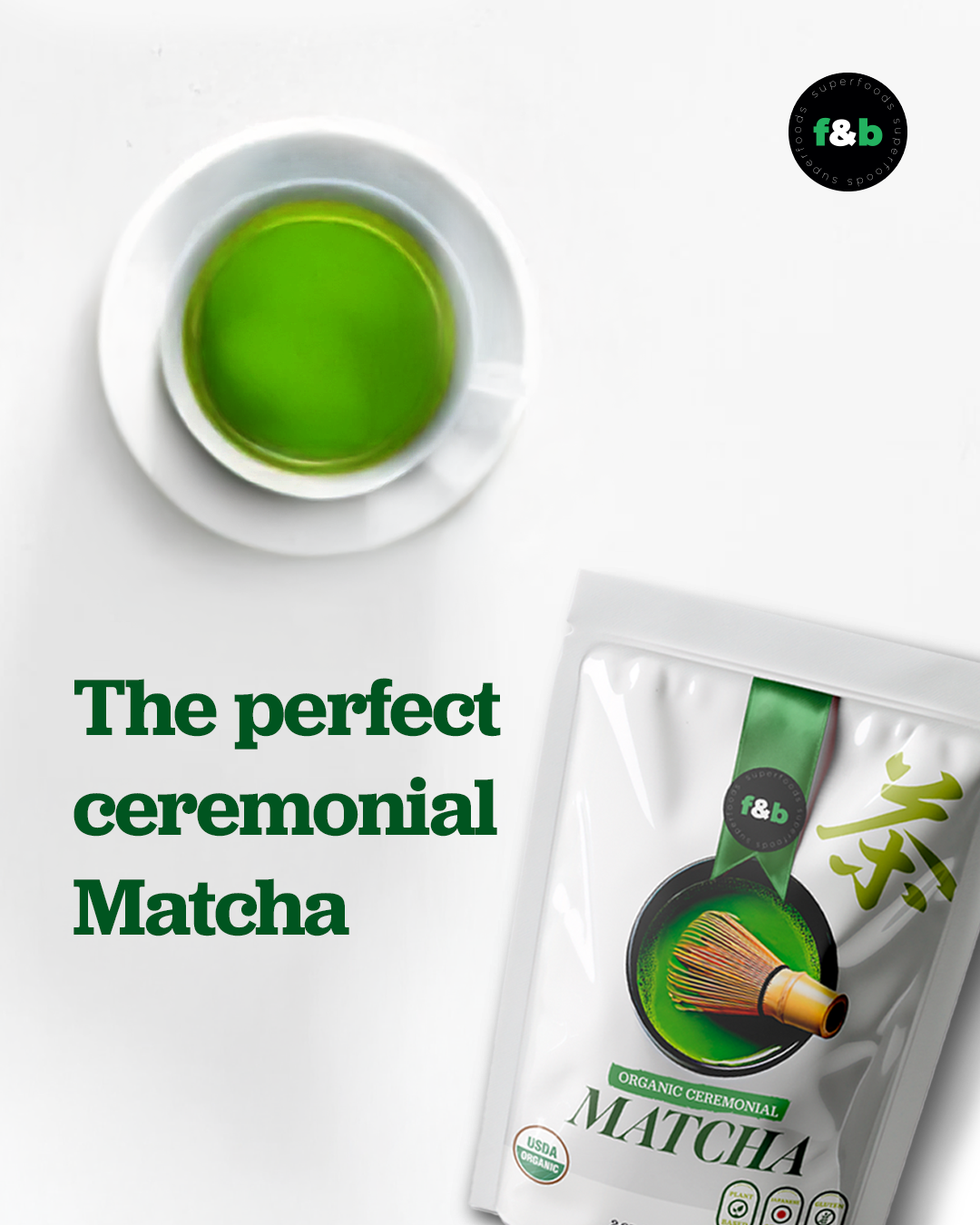 f&b superfoods Matcha Powder (57g) - Organic Ceremonial Grade Authentic Japanese Matcha Green Tea Powder - | Harvested in Japan | for Tea Latte - Zero Sugar, Vegan & 0 Calories