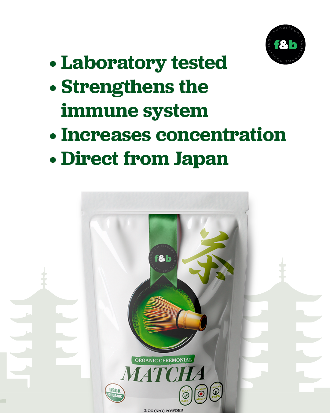 f&b superfoods Matcha Powder (57g) - Organic Ceremonial Grade Authentic Japanese Matcha Green Tea Powder - | Harvested in Japan | for Tea Latte - Zero Sugar, Vegan & 0 Calories