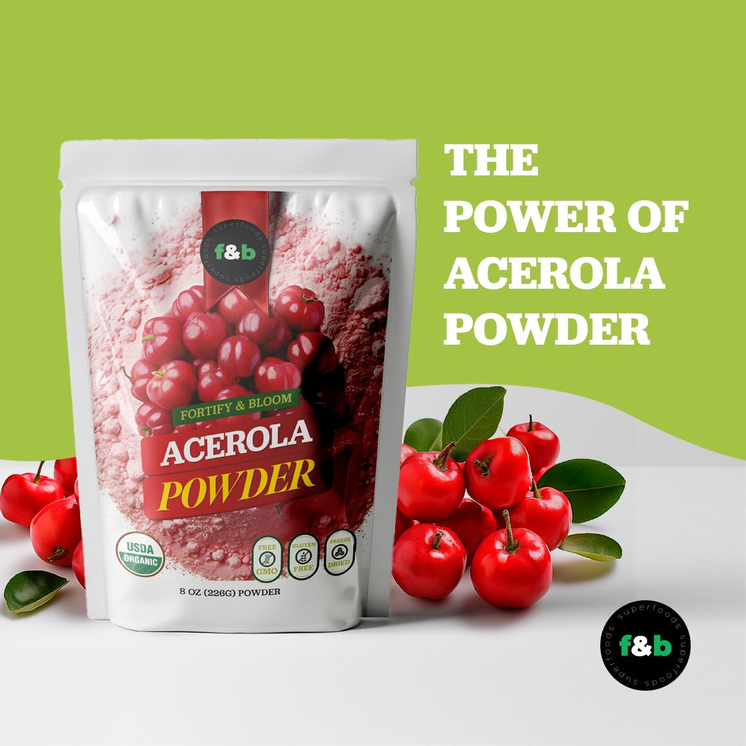 Organic Acerola Cherry Powder freeze dried (8oz) - f&b superfoods, Vitamin C for Immune System Booster, Smoothie, Drinks and juice.
