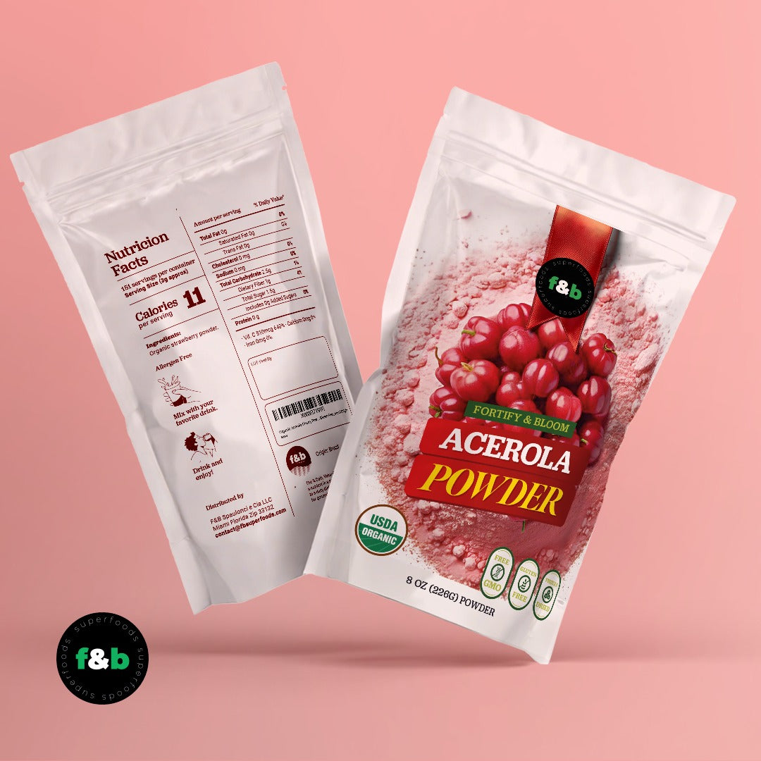 Organic Acerola Cherry Powder freeze dried (8oz) - f&b superfoods, Vitamin C for Immune System Booster, Smoothie, Drinks and juice.
