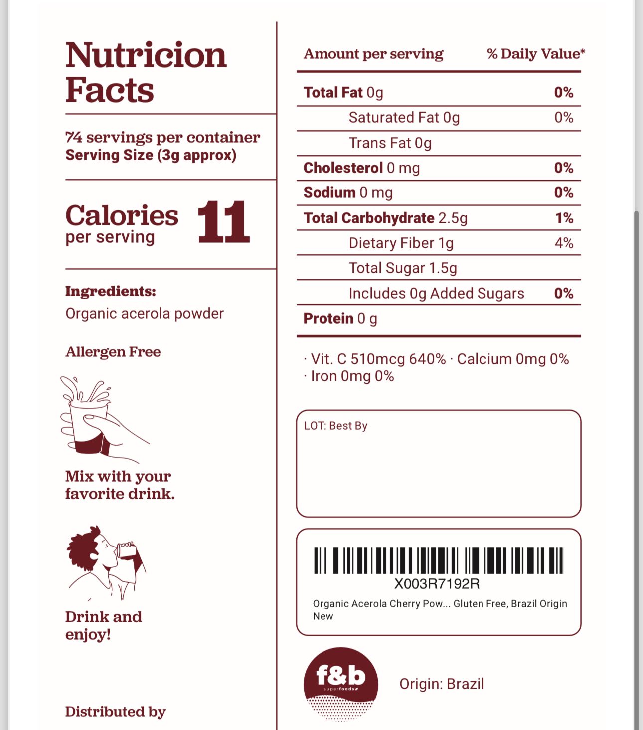 Organic Acerola Cherry Powder freeze dried (8oz) - f&b superfoods, Vitamin C for Immune System Booster, Smoothie, Drinks and juice.