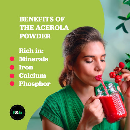 Organic Acerola Cherry Powder freeze dried (8oz) - f&b superfoods, Vitamin C for Immune System Booster, Smoothie, Drinks and juice.