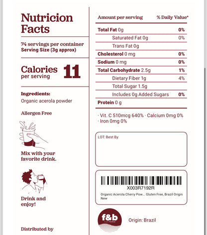 Organic Acerola Cherry Powder freeze dried (8oz) - f&b superfoods, Vitamin C for Immune System Booster, Smoothie, Drinks and juice.